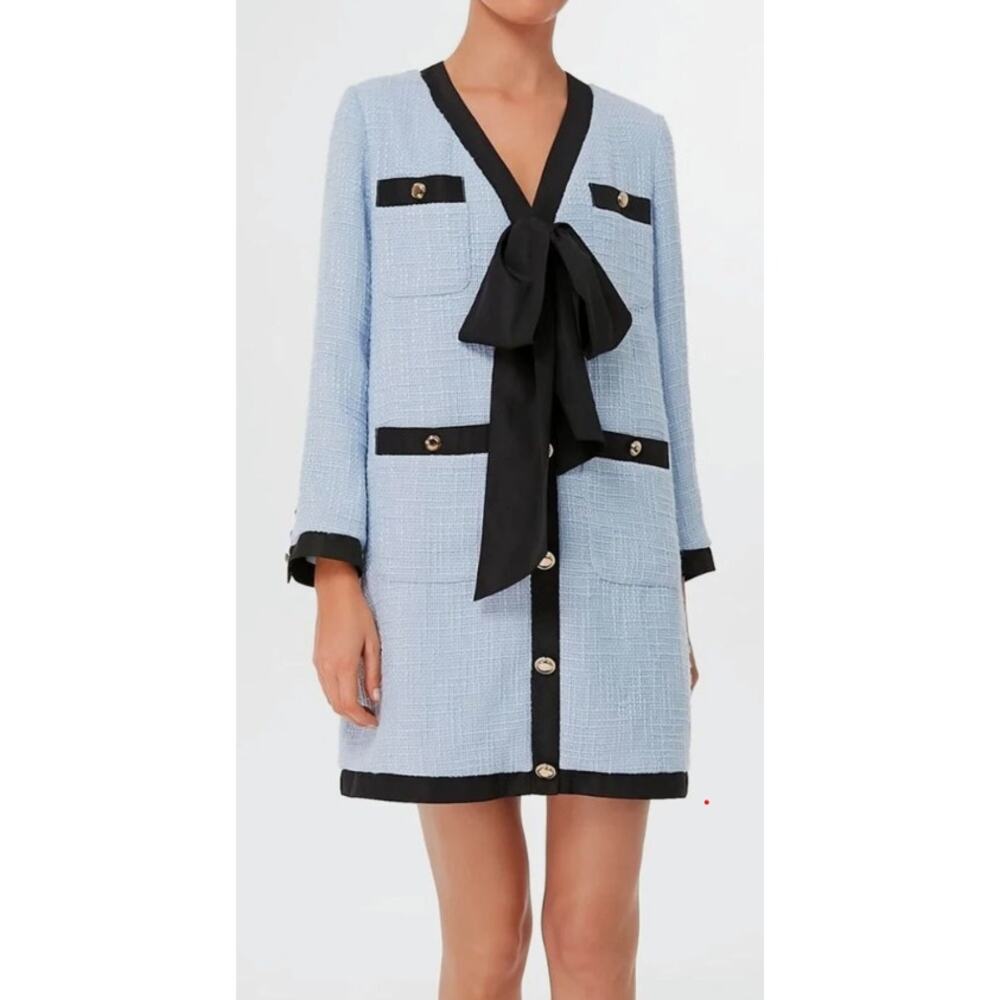 Pomander Place Mini Dress Women's XS Blue Tweed Bow Preppy Minimalist Chic NWT